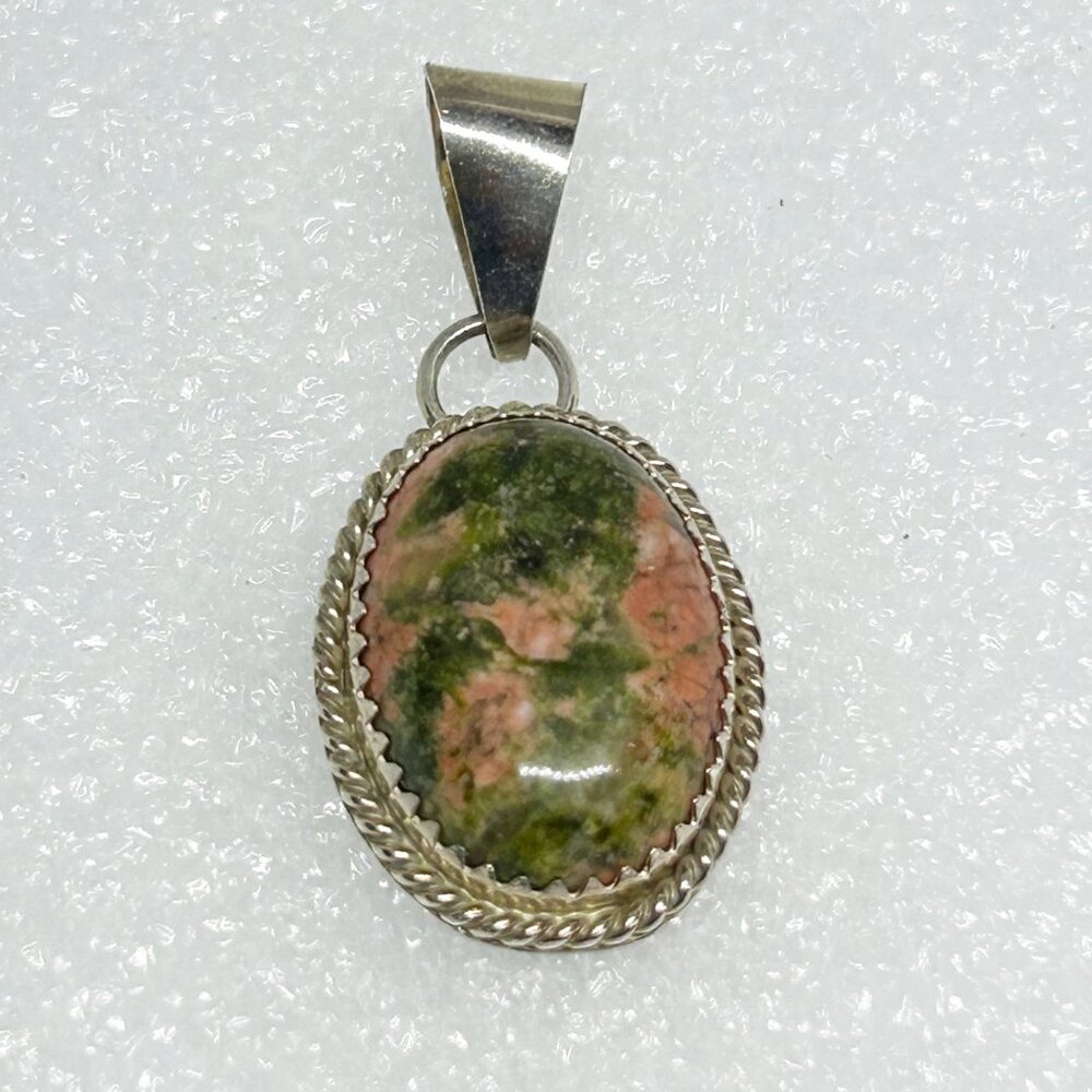 Handcrafted Sterling Silver 925 Oval Pendant Unakite Stone Green & Pink MKM